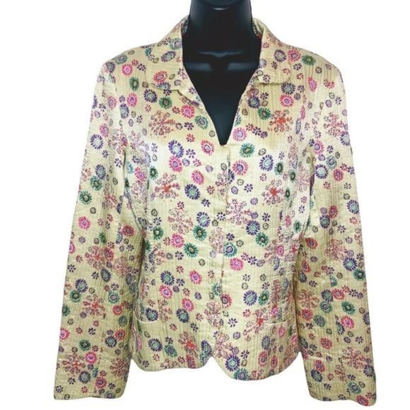 Antik Batik 100% Silk Floral Quilted Blazer W/ Beaded Accents Size Small - Picture 1 of 9